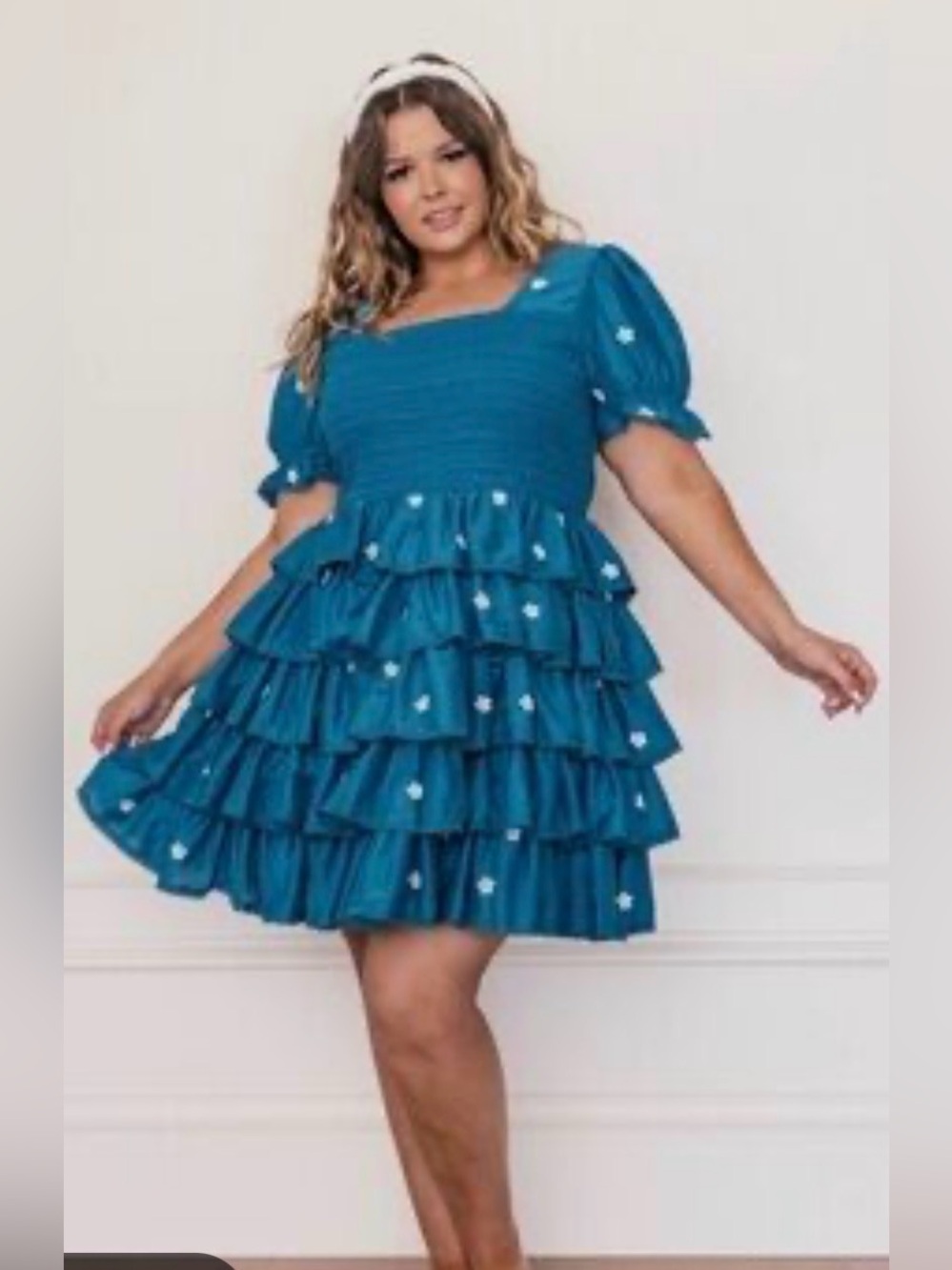 JessaKae Birdie Teal Tiered Ruffle Midi Dress with Puff Sleeves